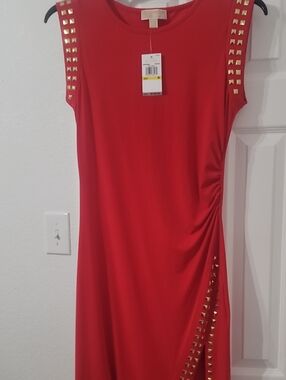 Michael Kors Red Sleeveless Studded Side-Ruched Midi Dress
